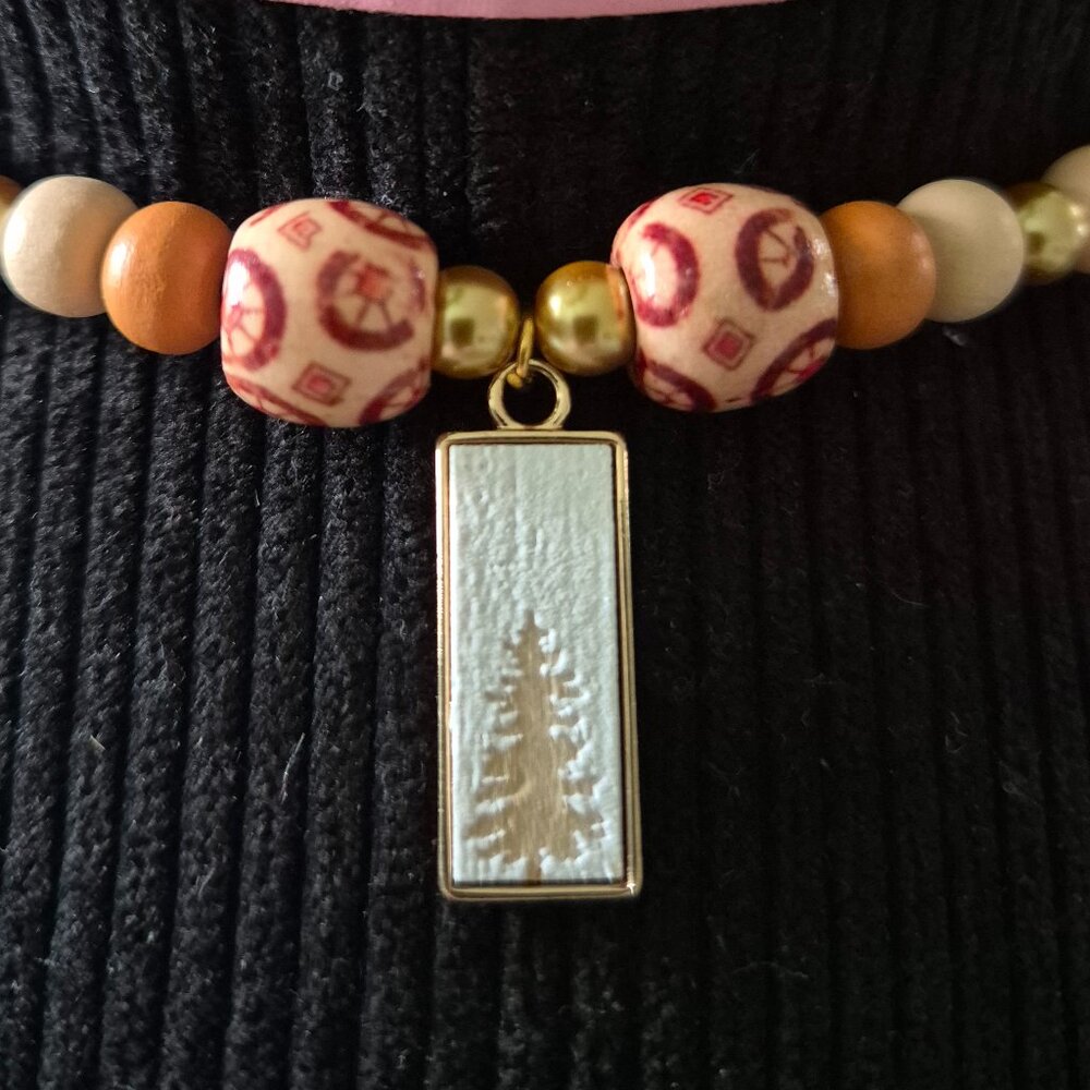 Western Beaded Hat Band by Lone Star Luxe – Wood & Gold Beads, Tree Charm